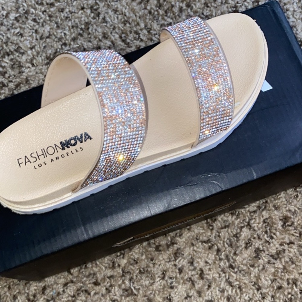 “Slip into his heart” nude Fashion Nova sandals.